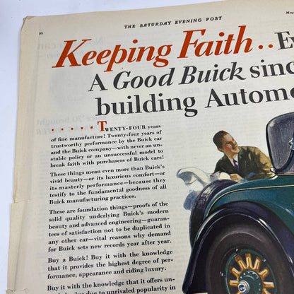 1928 Saturday Evening Post Centerfold Color Buick Automobile Ad FL4