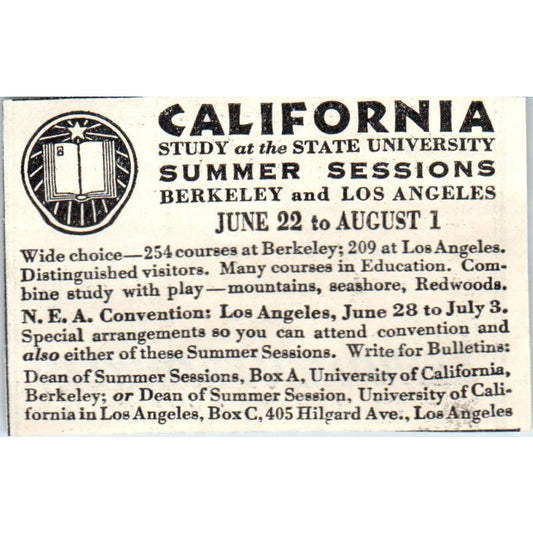 1931 University of CA Berkeley and Los Angeles Summer Advertisement ~2.5x3 SE6-1