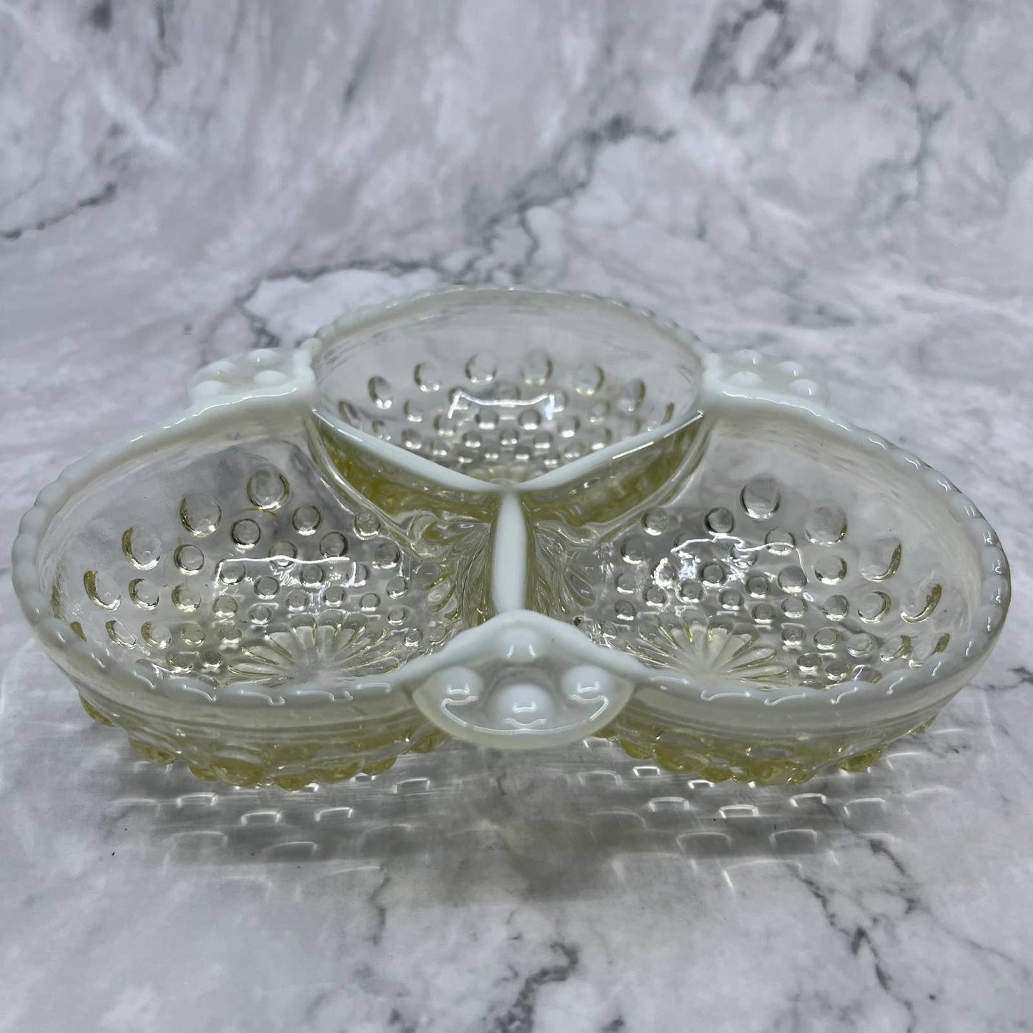 Anchor Hocking Moonstone Hobnail Ruffled Divided 3 Section Candy Dish 6.5” TC4