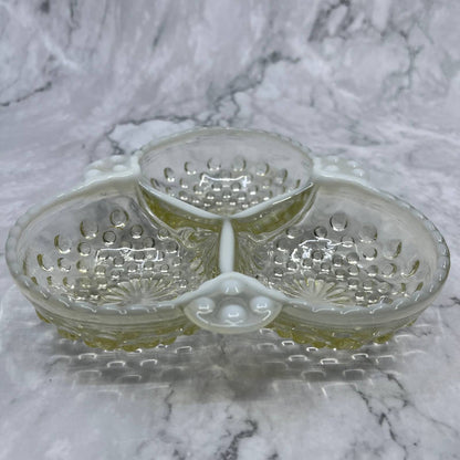 Anchor Hocking Moonstone Hobnail Ruffled Divided 3 Section Candy Dish 6.5” TC4
