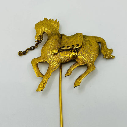 Vintage MCM Hat Lapel Stick Pin Gold Tone Ornate Horse 2 1/2” SB3