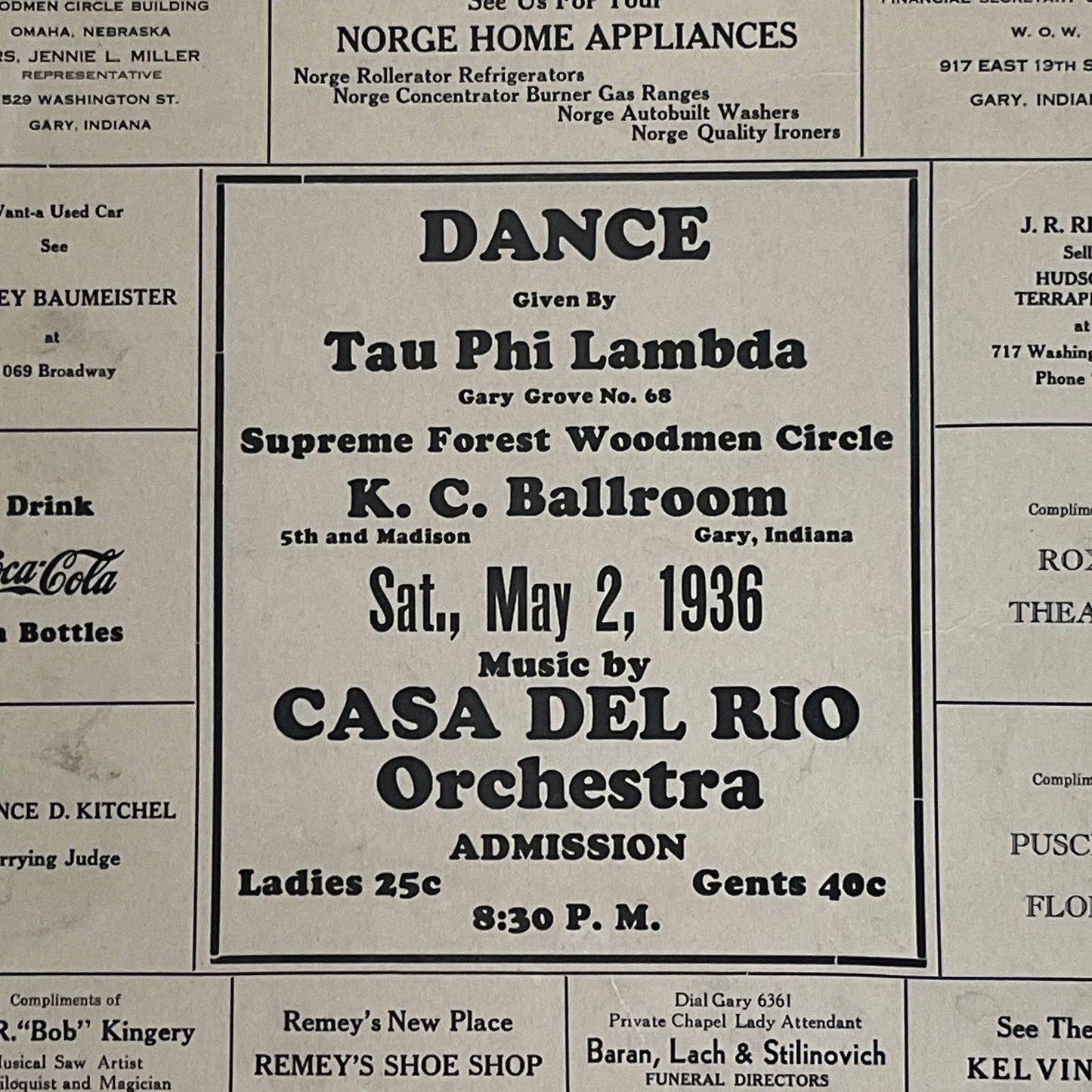 1936 Poster DANCE Tau Phi Lambda K. C. Ballroom Gary, Indiana 19 x 13" FL3