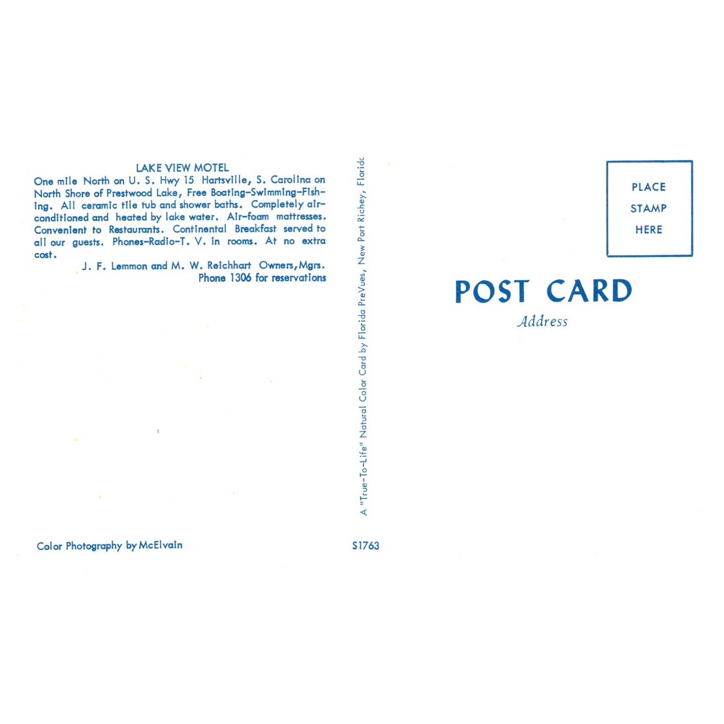 Lake View Motel Hwy 15 Harrisville SC JF Lemmon MW Reichhart - Postcard TJ8-1