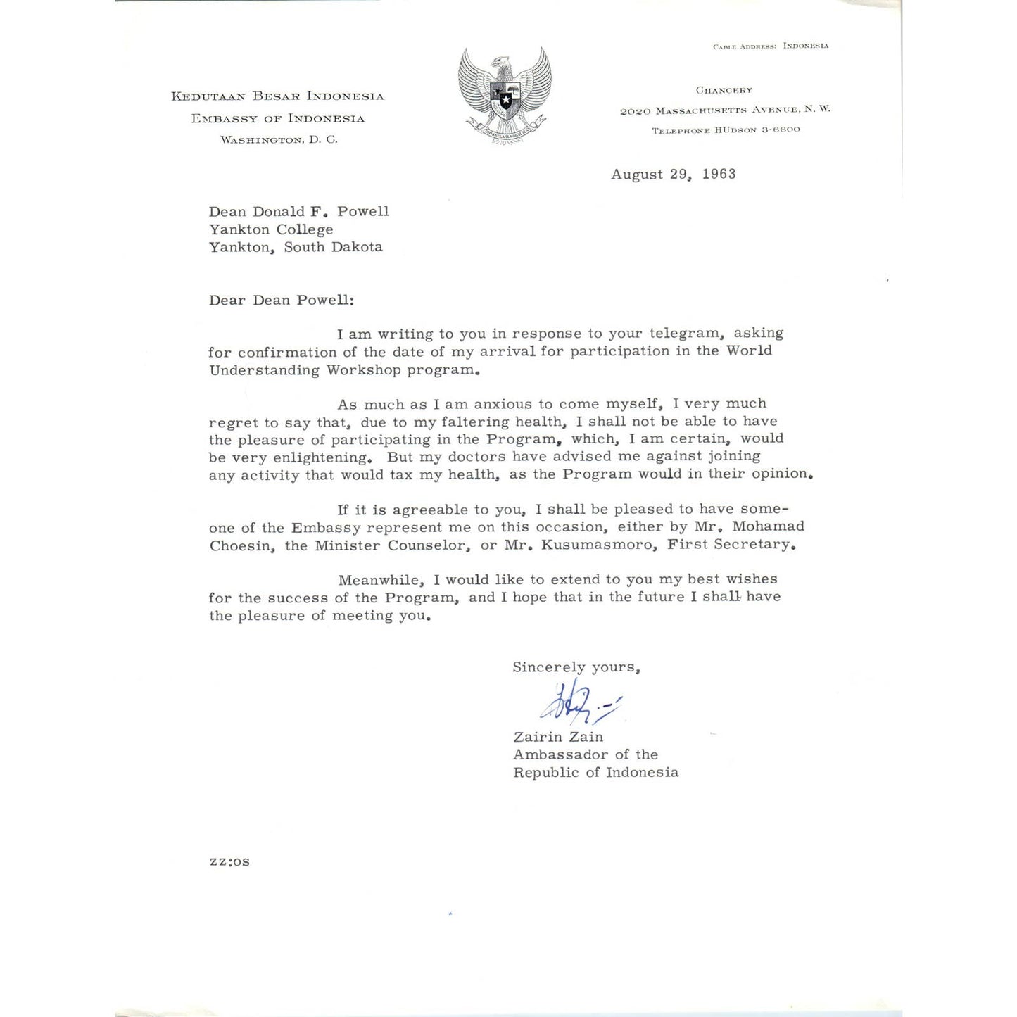 Embassy of Indonesia Official Letterhead Memo Zairin Zain 8/29/63 TK1-P10