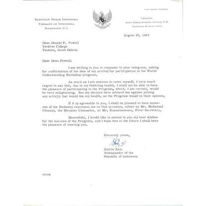 Embassy of Indonesia Official Letterhead Memo Zairin Zain 8/29/63 TK1-P10