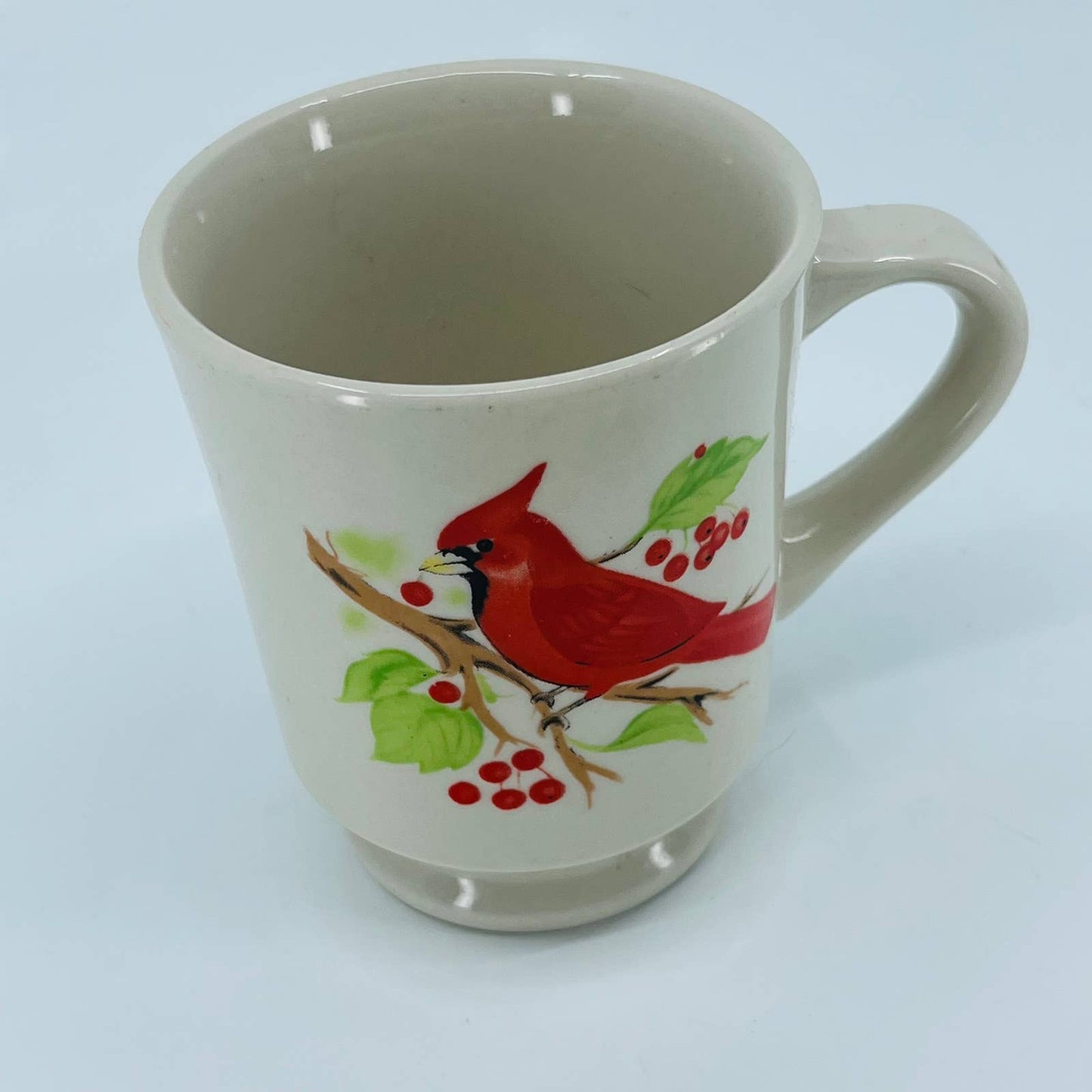 Vintage 1960s Fred Roberts Style Pedestal Stoneware Mug Cardinal Holly TB7