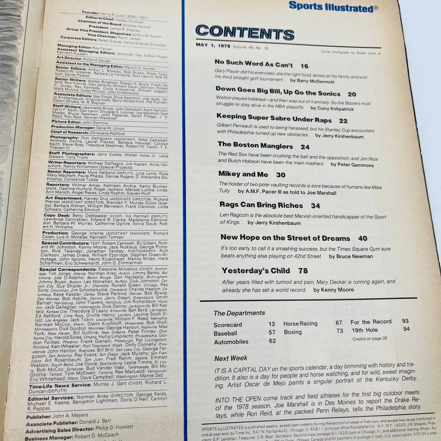 Sports Illustrated May 1, 1978 Three In A Row For Gary Player Golf BA1