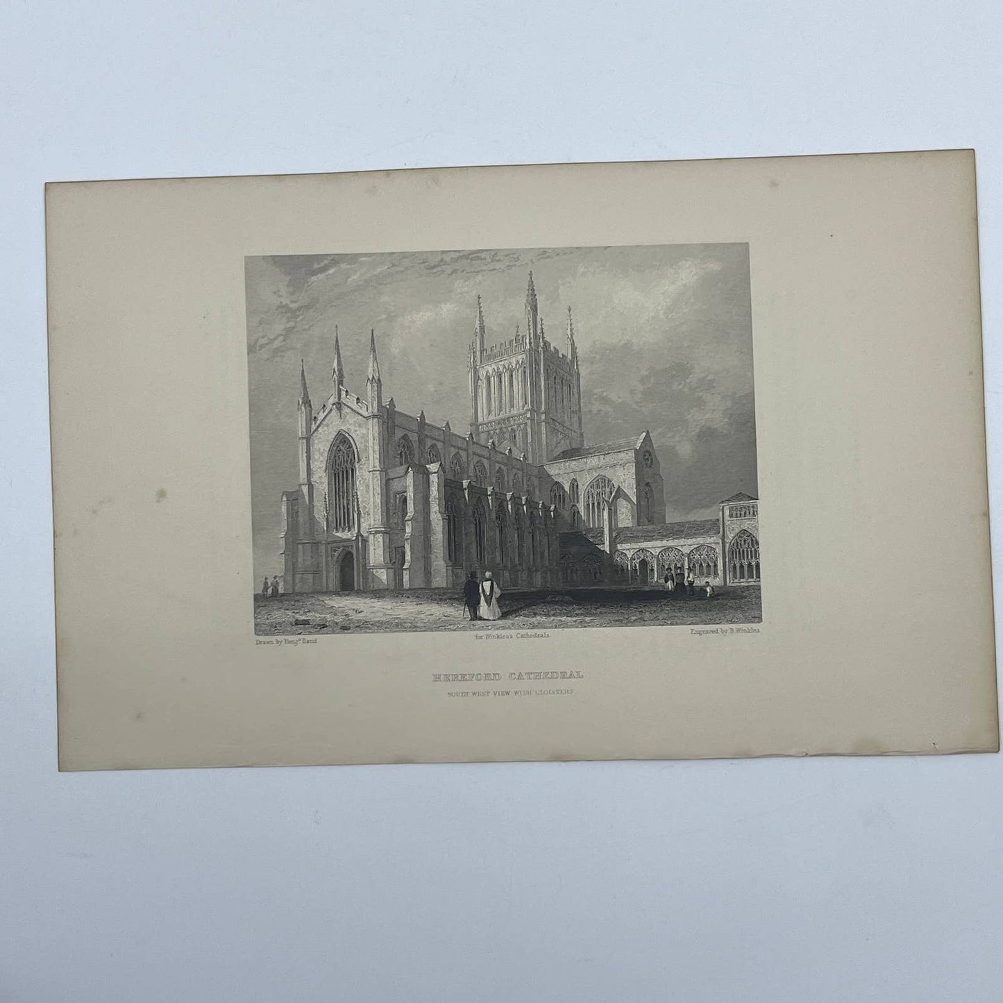 1842 Original Art Engraving Hereford Cathedral South West View w/ Cloisters AC6