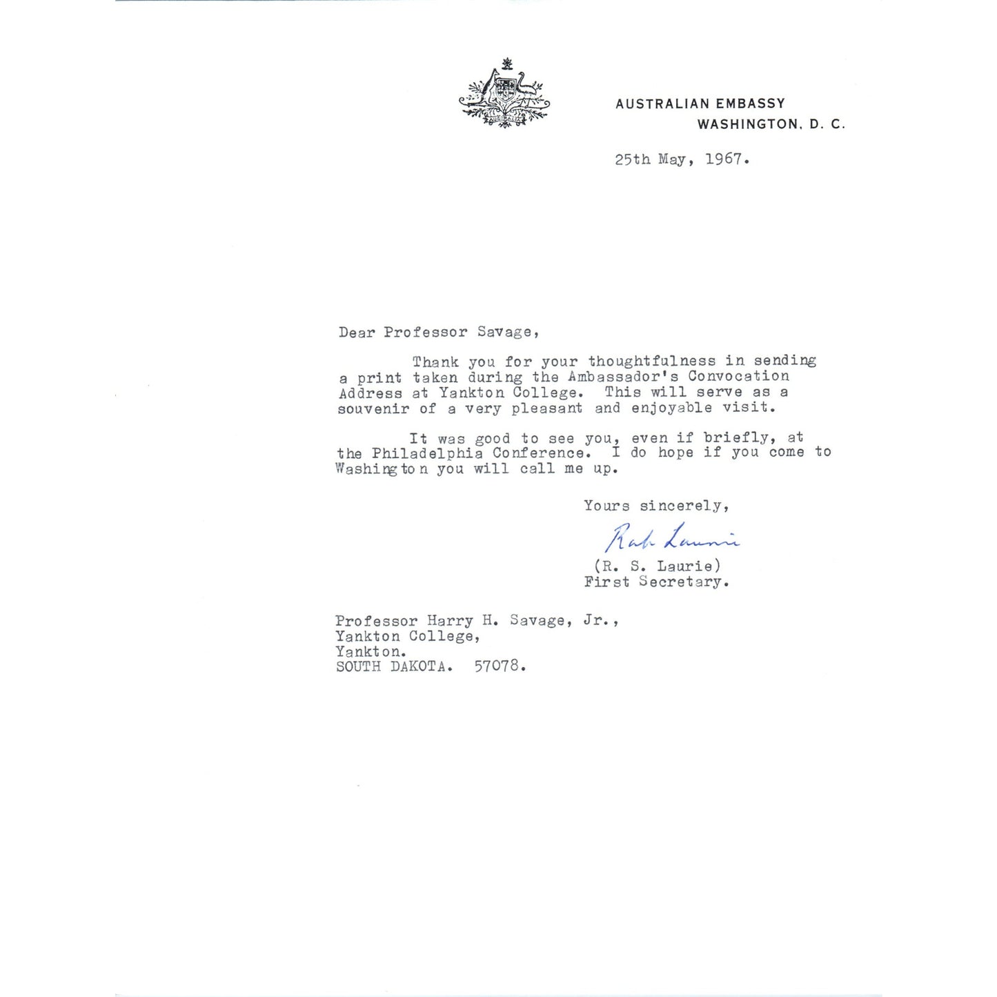 Australian Embassy R.S. Laurie First Secretary Letterhead Memo 1967 B10