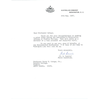 Australian Embassy R.S. Laurie First Secretary Letterhead Memo 1967 B10