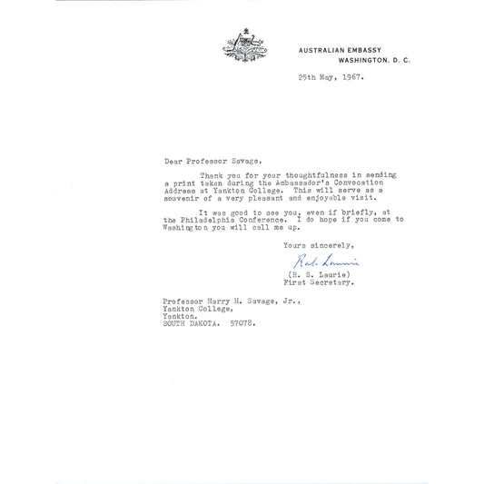 Australian Embassy R.S. Laurie First Secretary Letterhead Memo 1967 B10