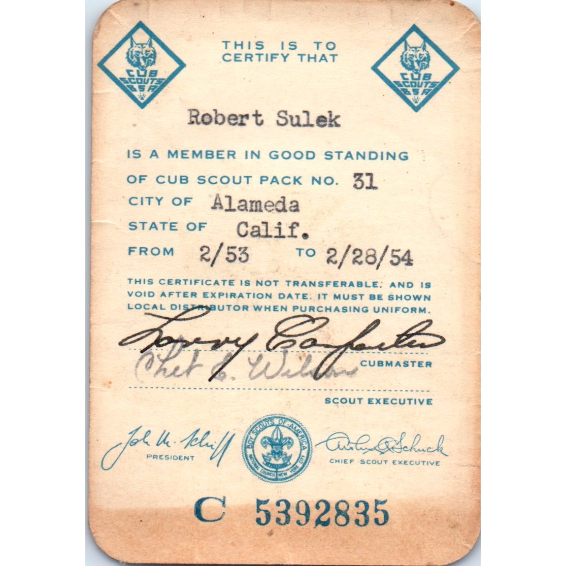 1953 Boy Scouts of America Certificate Registration Robert Sulek Alameda AK3-S36