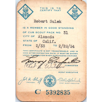 1953 Boy Scouts of America Certificate Registration Robert Sulek Alameda AK3-S36