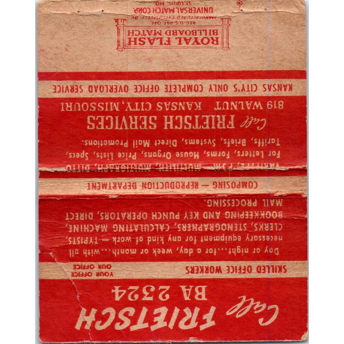 Frietsch Office Emergency Service Kansas City Wide Advertising Matchbook SA6-M7