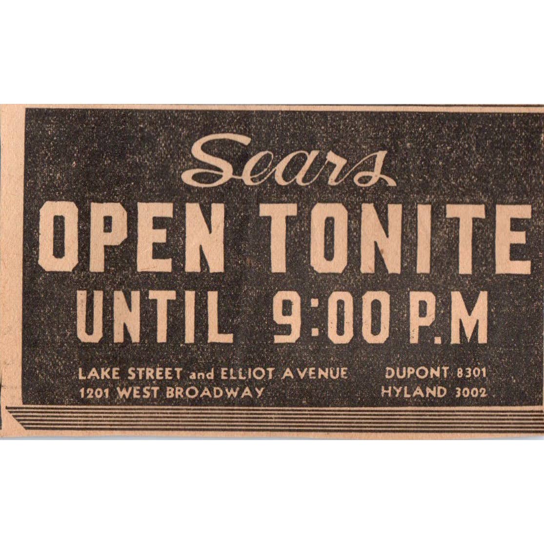 1935 Mpls Journal Newspaper Ad Sears Lake St & Elliot Ave, West Broadway FL5-6