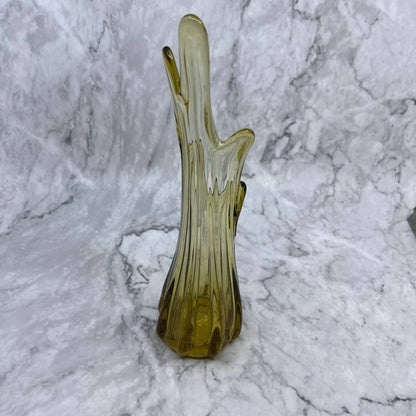 Vintage Mid Century 10.5" Tall Yellow Stretch Swung Glass Five Finger Vase TE4