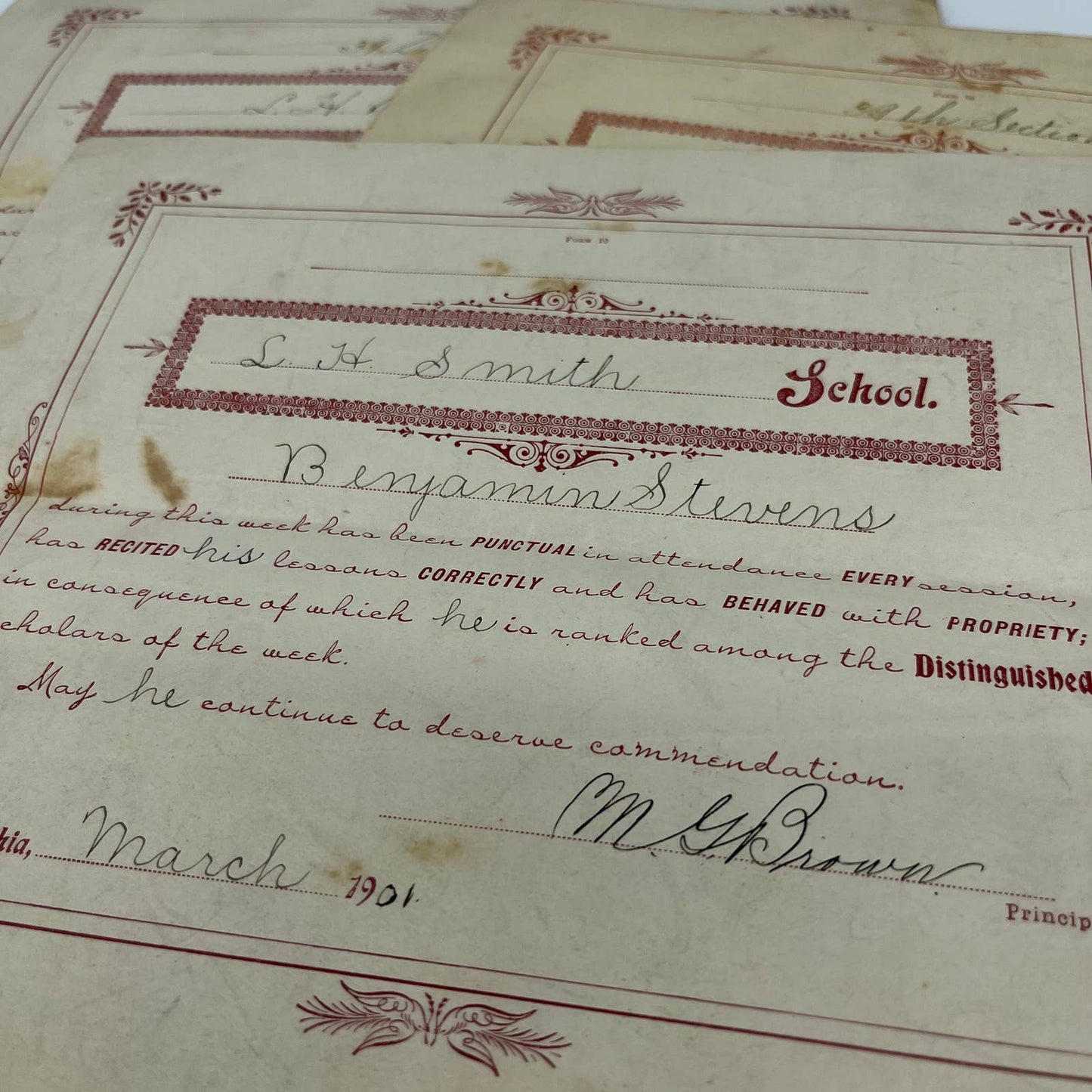 Antique 1901-02  School Commendation Letters L.H. Smith School Philadelphia B6