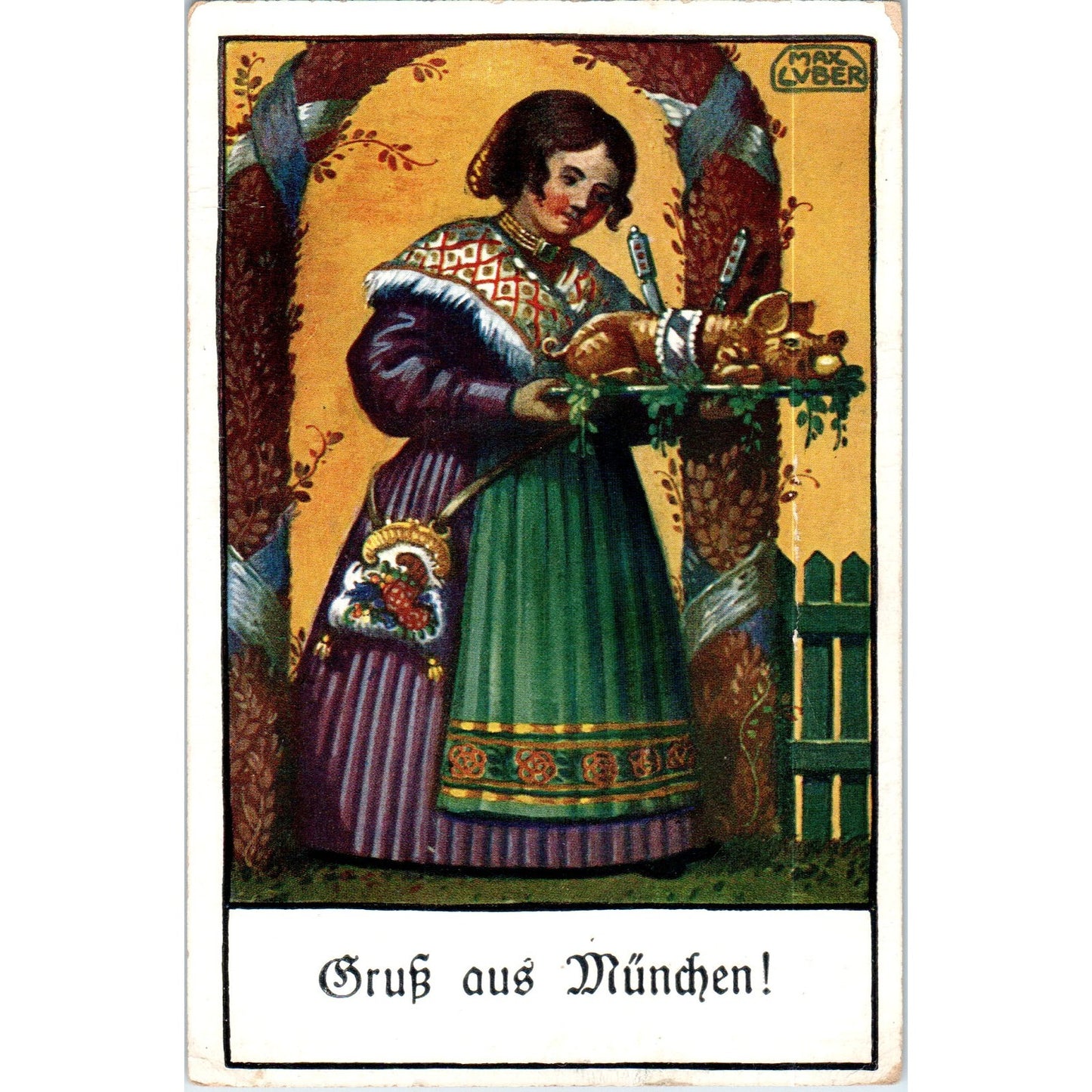 Gruß Aus München German Roast Pig Original Postcard P1-15