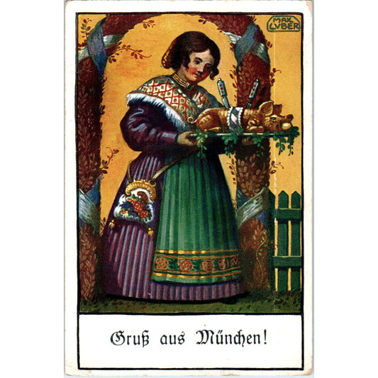 Gruß Aus München German Roast Pig Original Postcard P1-15