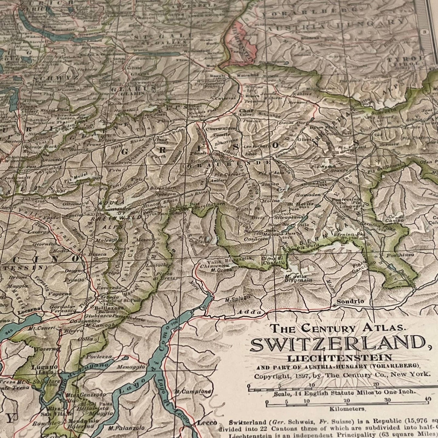 Antique 1897 The Century Atlas Map of SWITZERLAND Color Engraved 12.5 x 17” FL5