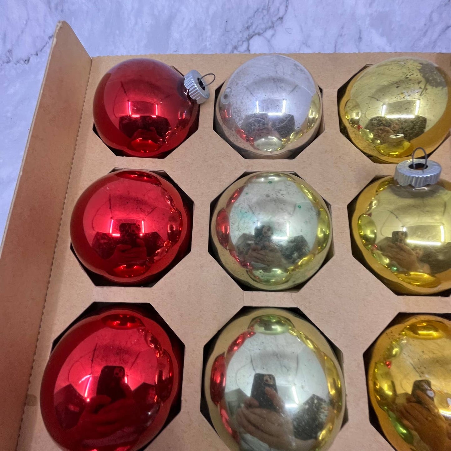 Shiny Brite 12 Vintage Mercury Glass Ornaments w/ Original Box Red Yellow Green
