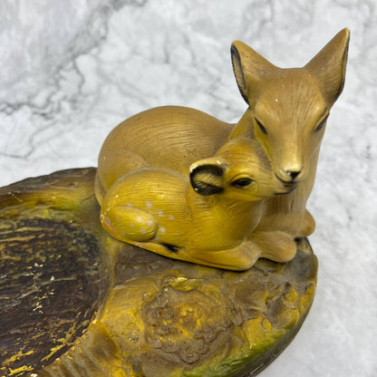 Vtg MCM Chalkware Resting Doe & Fawn Deer Change Tray Ashtray Painted 7x4 TE2