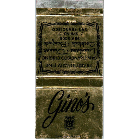 Gino's San Francisco Cuisine Spring Street CA Advertising Matchbook Cover SA1-M6