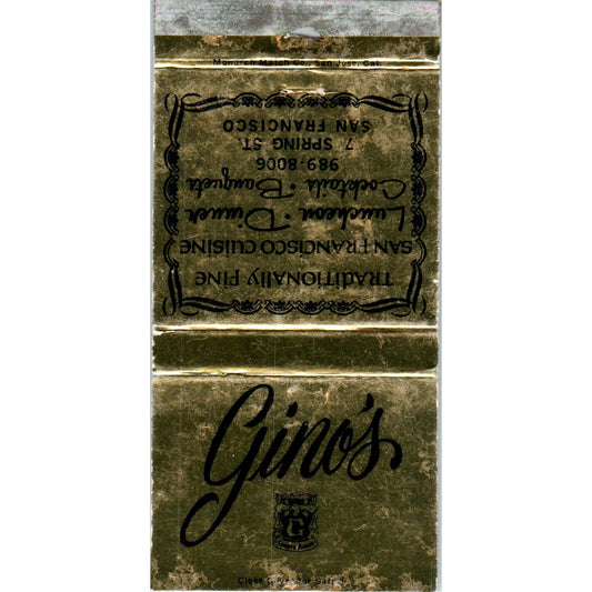 Gino's San Francisco Cuisine Spring Street CA Advertising Matchbook Cover MM9-7