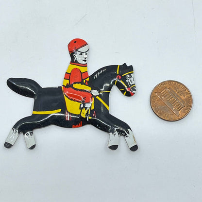 Vintage 1940s Cracker Jack Prize Toy Tin Litho Jockey Rider and Black Horse SD3