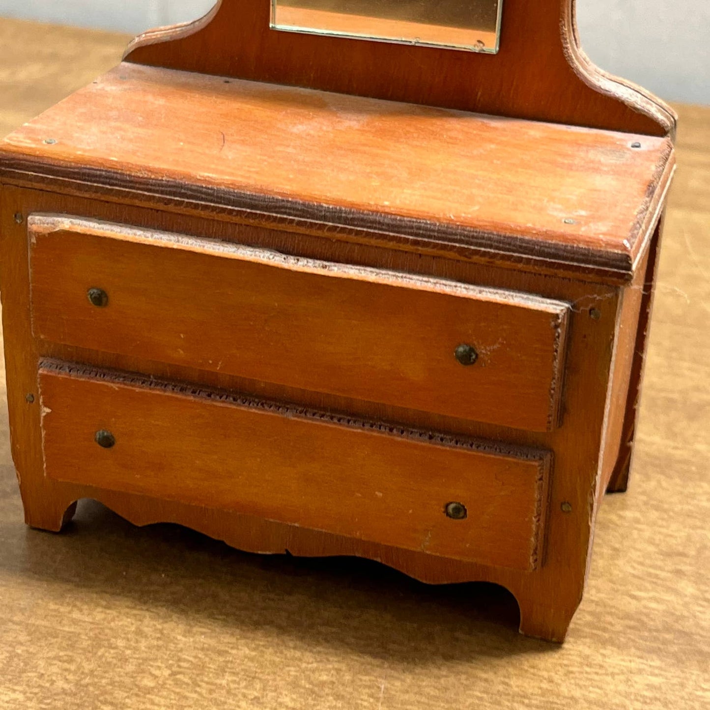 Vintage Handmade Wooden Doll House Furniture Vanity Dresser w/ Mirror 4 x 6” TG8