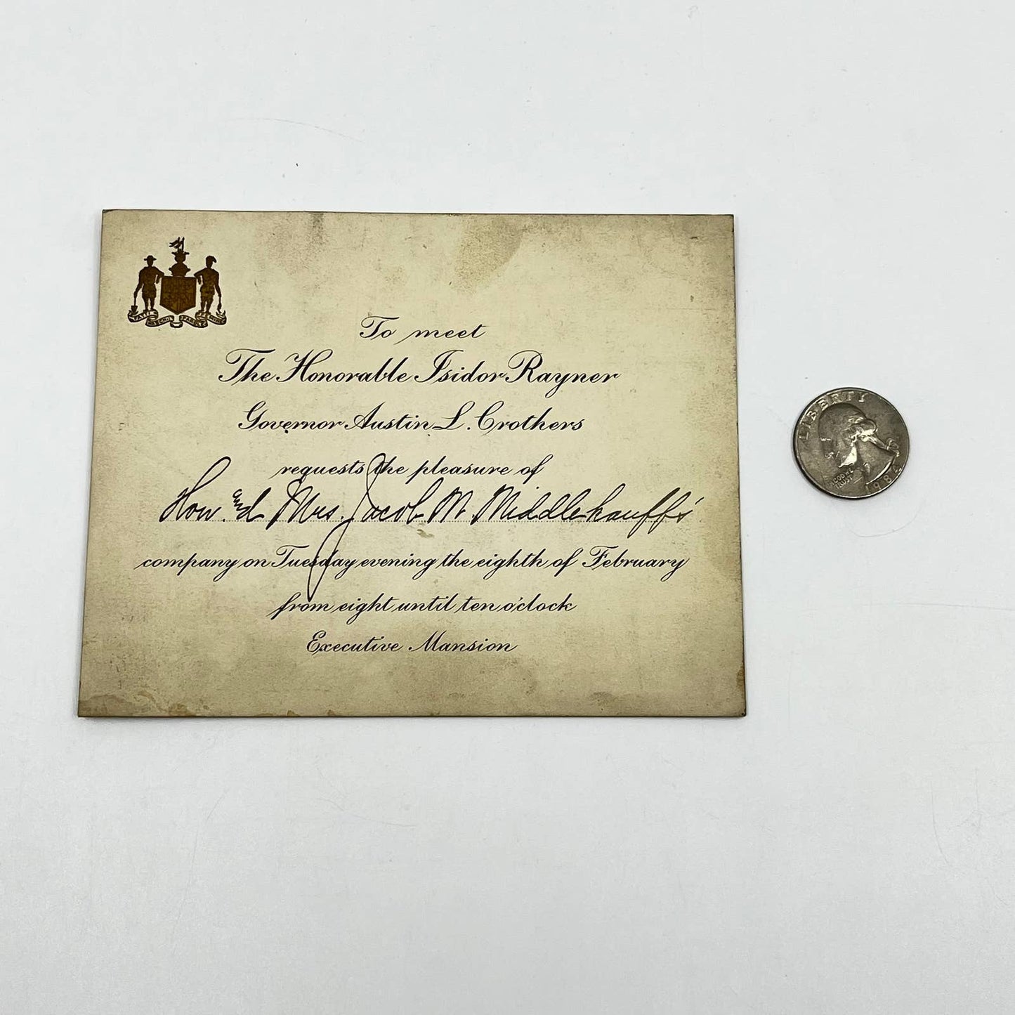 c1908 Invitation Isidor Raynor & Maryland Governor Austin L. Crothers SC6