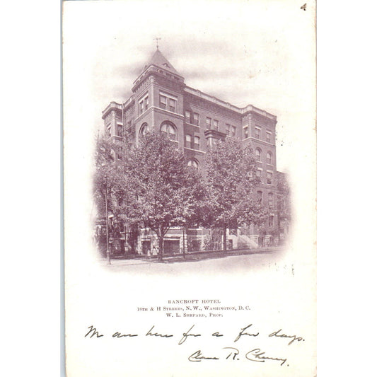 Bancroft Hotel W.L. Shepard 1908 Washington D.C. Original Postcard TK1-P2