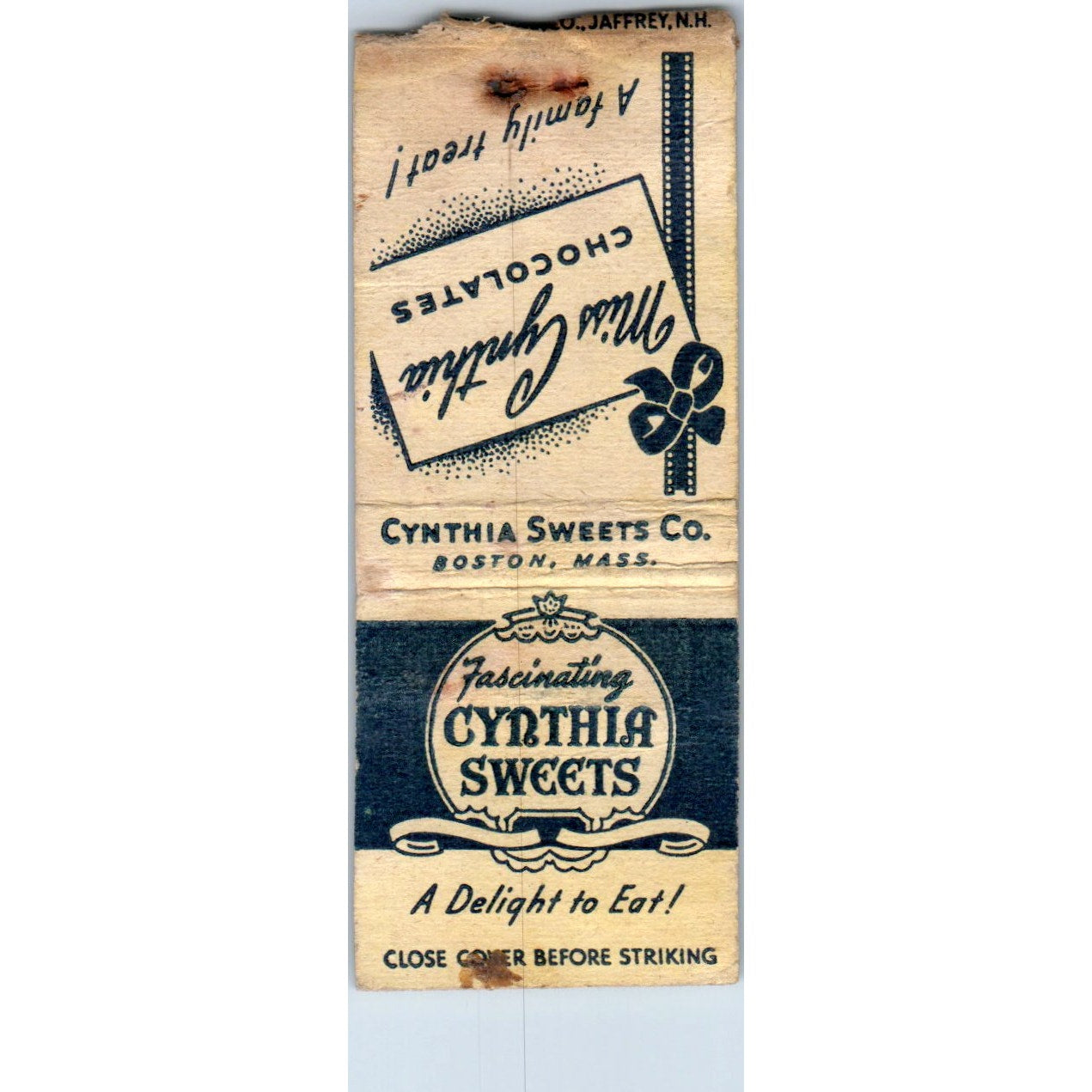 Cynthia Sweets Chocolates Boston MA Advertising Matchbook Cover MM9-10