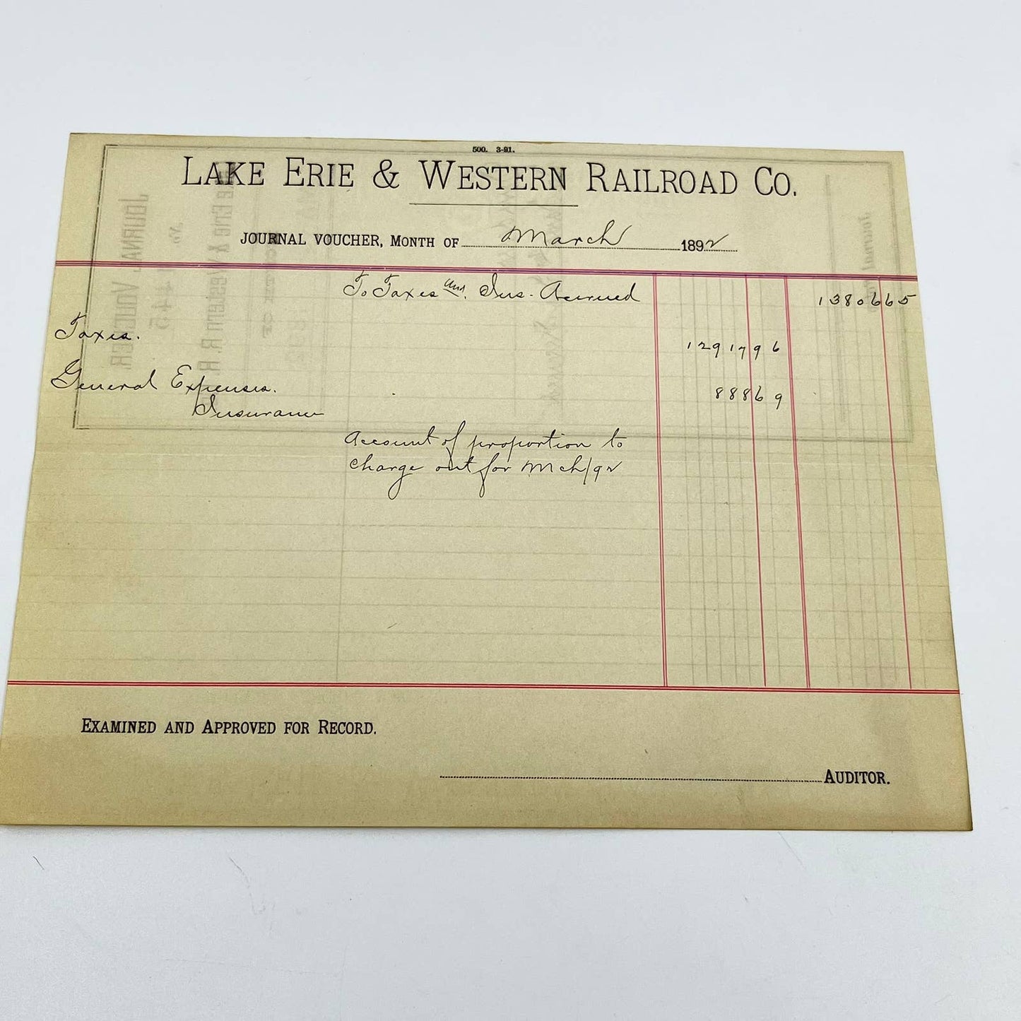 1892 Lake Erie & Western Railroad Co. Journal Voucher RR Lot of 2 AB1-7