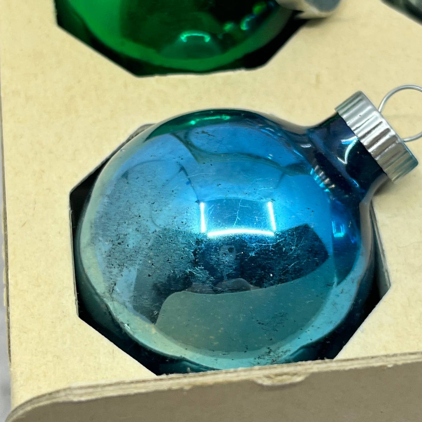 Shiny Brite 12 Vtg 1 3/4" Mercury Glass Ornaments Original Box Blue/Green TJ9