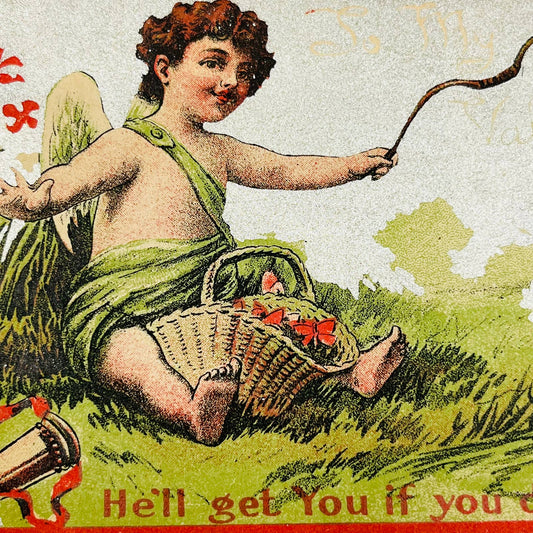 1900s Valentine’s Post Card Cupid Flowers Bow & Arrow Silver Background PA3