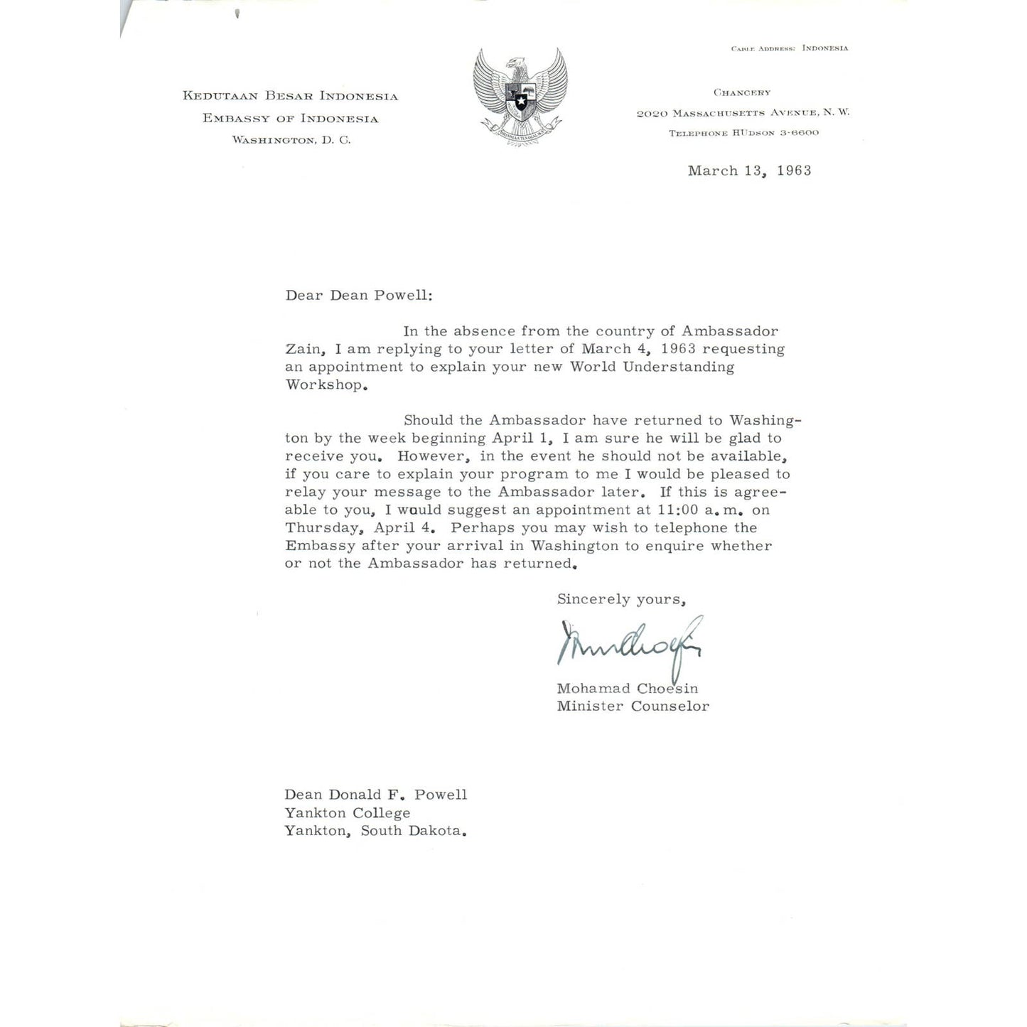 Embassy of Indonesia Official Letterhead Memo Mohamad Choesin 3/13/63 TK1-P10