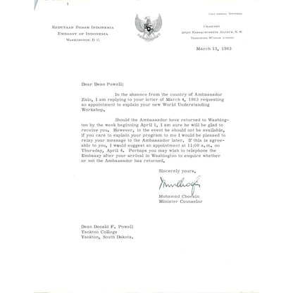 Embassy of Indonesia Official Letterhead Memo Mohamad Choesin 3/13/63 TK1-P10