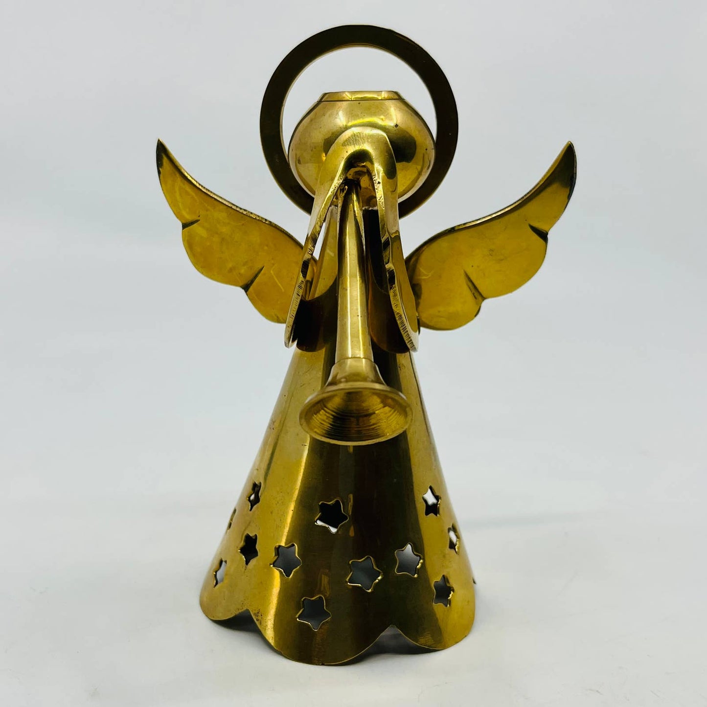 1980s Solid Brass Angel Candle Holder Trumpet & Star India TD4