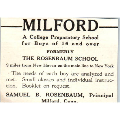 c1920 Harper's Magazine Ad - Milford College Prep Samuel B. Rosenbaum CT EA3-2