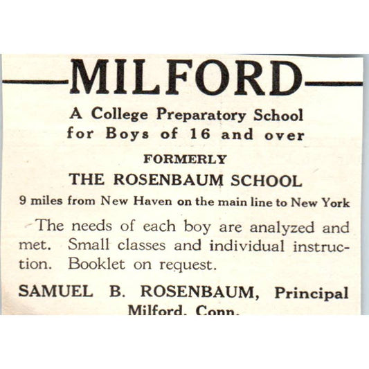 c1920 Harper's Magazine Ad - Milford College Prep Samuel B. Rosenbaum CT EA3-2