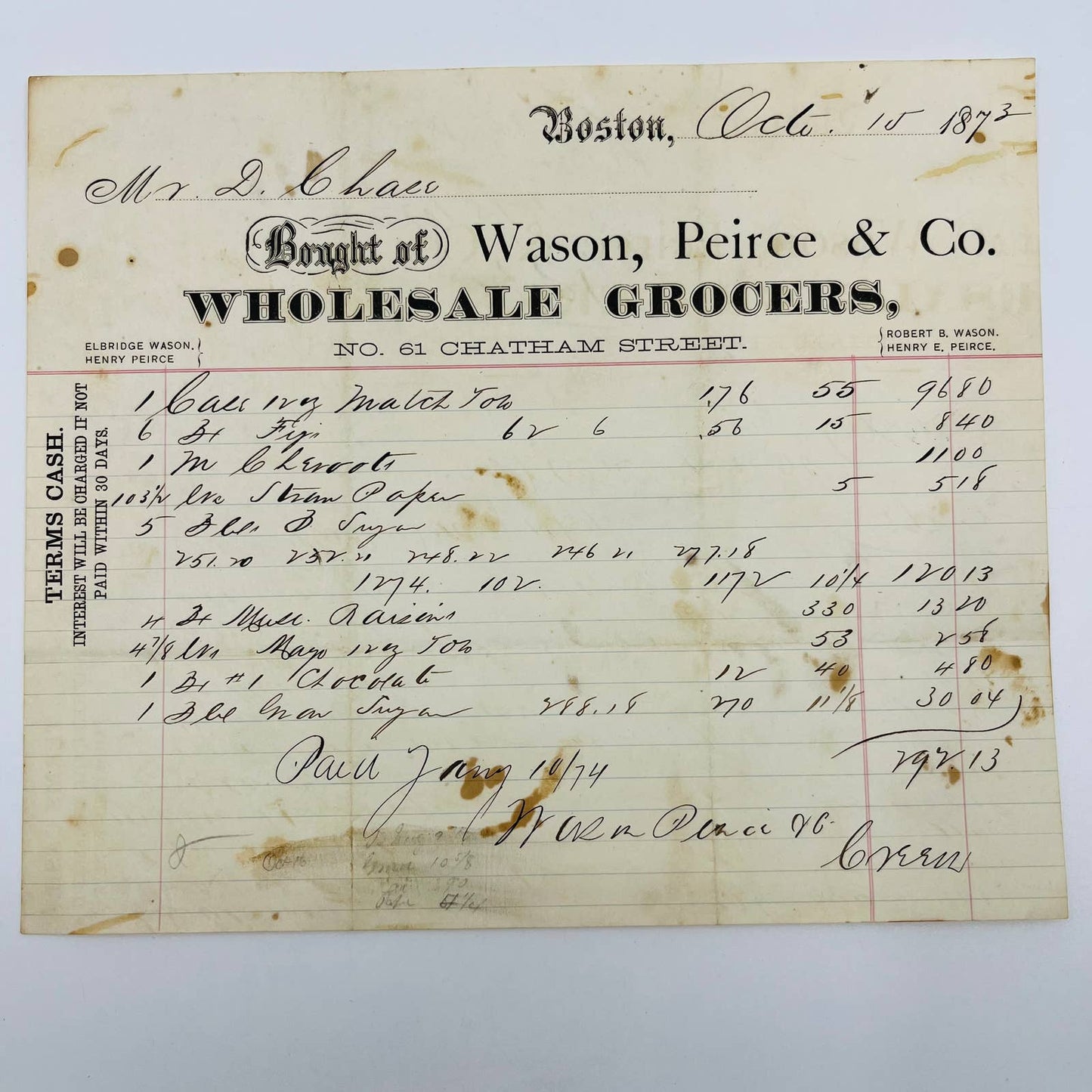 1873 Wason, Peirce & Co. 61 Chatham St Boston MA Billhead Letterhead Receipt AA4