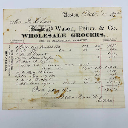 1873 Wason, Peirce & Co. 61 Chatham St Boston MA Billhead Letterhead Receipt AA4