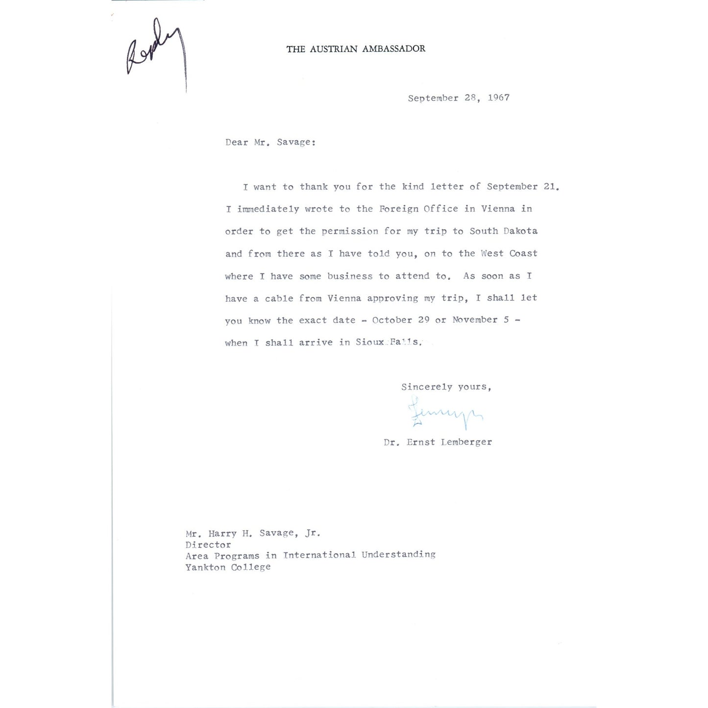 Austrian Ambassador to US Letterhead Memo Ernst Lemberger 9/28/67 B13