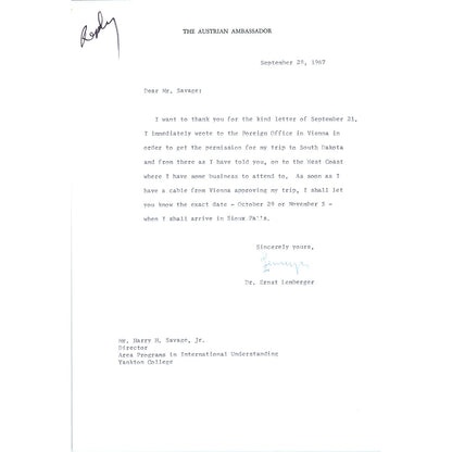 Austrian Ambassador to US Letterhead Memo Ernst Lemberger 9/28/67 B13