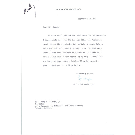 Austrian Ambassador to US Letterhead Memo Ernst Lemberger 9/28/67 B13
