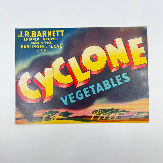 Original vegetable crate label 1940s Cyclone Twister Tornado Harligen Texas FL3