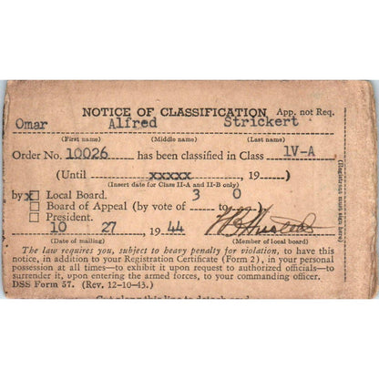 1944 WWII Selective Service Draft Card Liberal KS Omas Alfred Strickert SE4