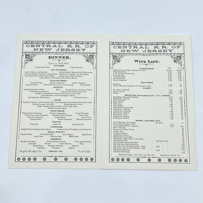 1875 Central New Jersey RR Dining Car Dinner Menu Reproduction AA9