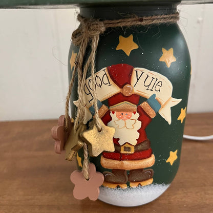 Vintage Christmas Mason Jar Table Lamp Santa Claus Star Wood Shade WORKS 10" TA4